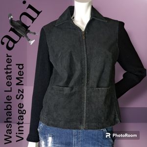 AMI RARE Vintage Real Leather Black Tailored Washable Jacket w/Knit Sleeves Sz M